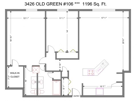 Floor plan for 2 beds, 2 baths, 1196 sqft